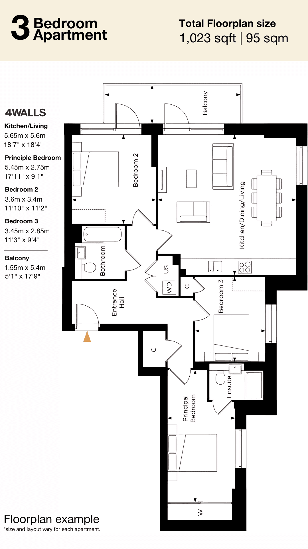 Floorplan 1 - 3 Bedroom Flat